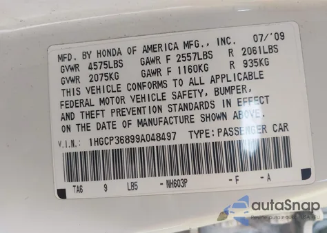 2009 Honda Accord 3.5 Ex-L z USA, uszkodzony, nr VIN 1HGCP36899A048497